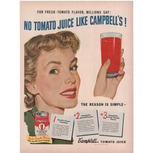 Campbells Tomato Juice Magazine Advertisement 1940s Color Vintage MIdcentury